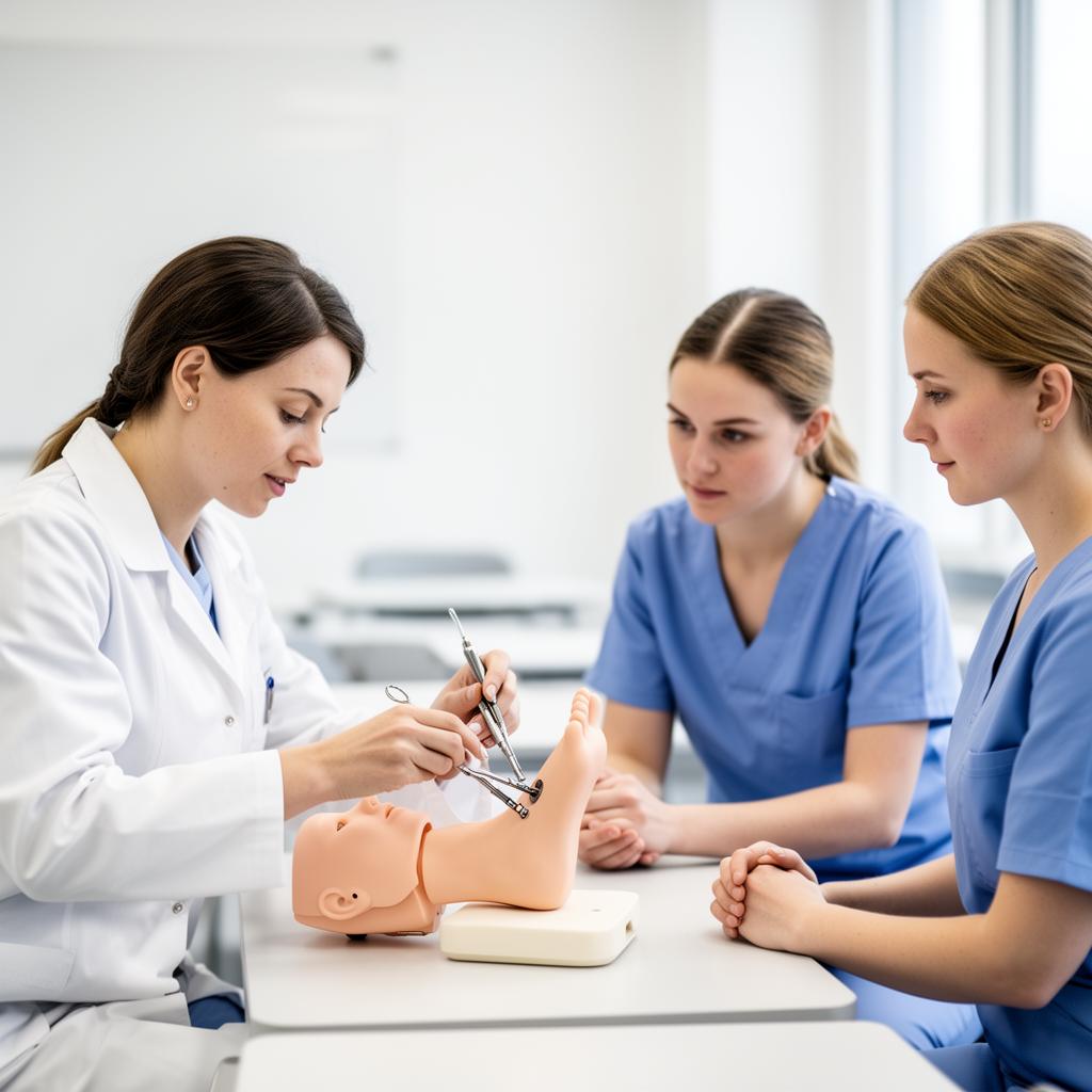 Dozentin der Fußpflegeschule Meves erklärt Auszubildenden den Einsatz podologischer Instrumente